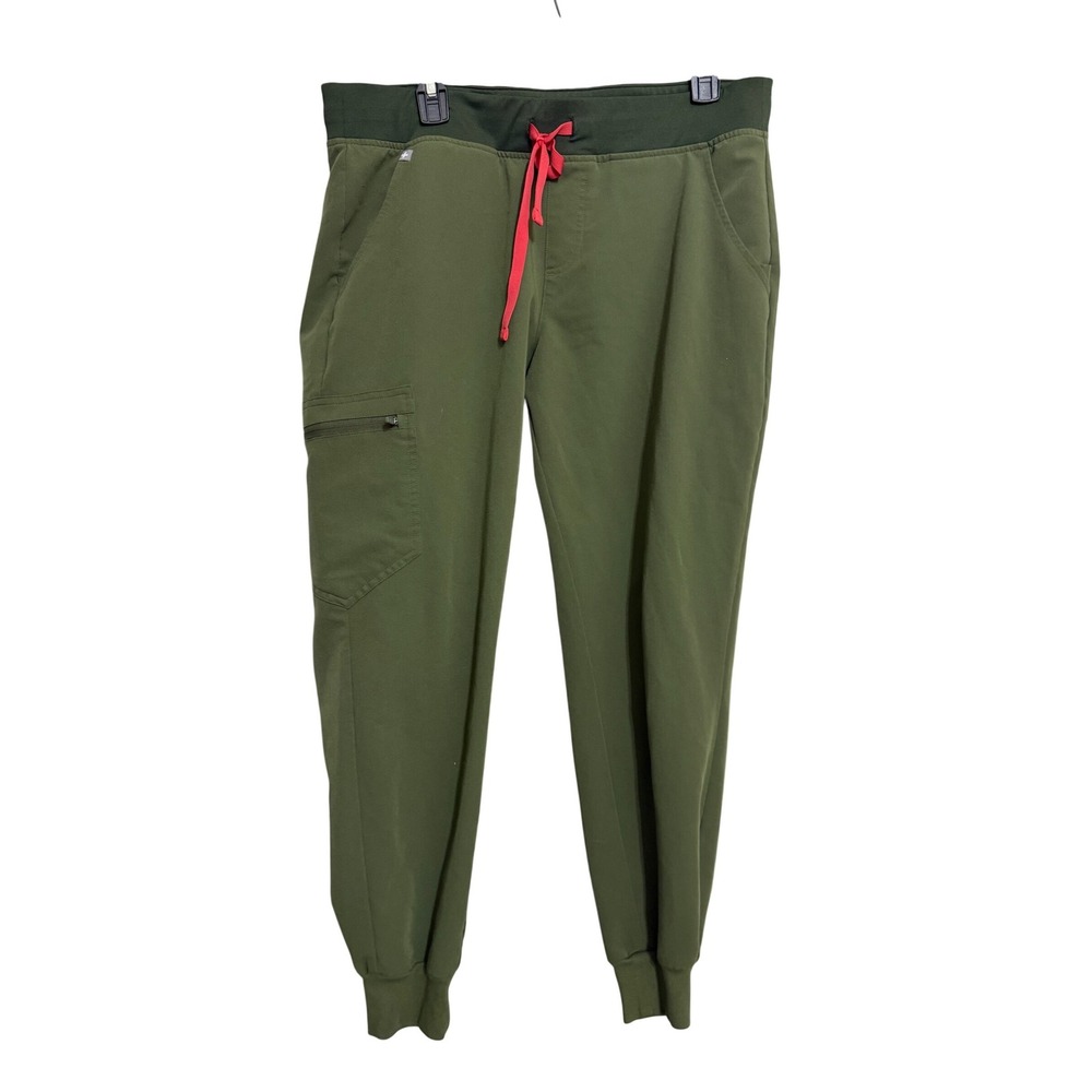 FIGS Zamora Jogger Scrub Pants Olive Green Red Drawstring Women Large Petite L/P